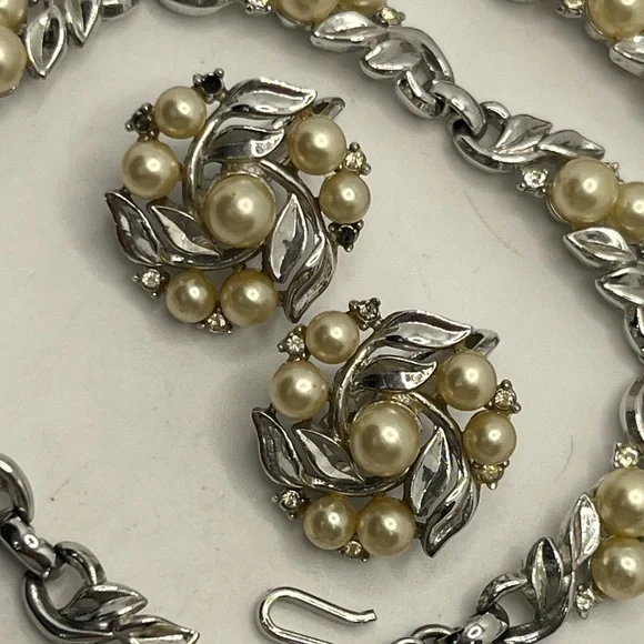 Crown Trifari pat pending faux pearl silver tone rhinestone necklace & earrings